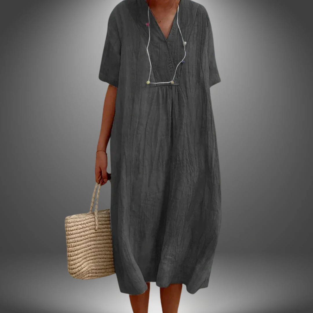 CAROLA | Kleid aus Baumwolle und Leinen mit V-Ausschnitt