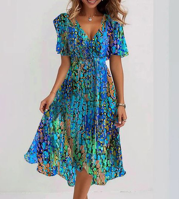 Clara - Blauer Midi-Kleid mit kurzen Ärmeln