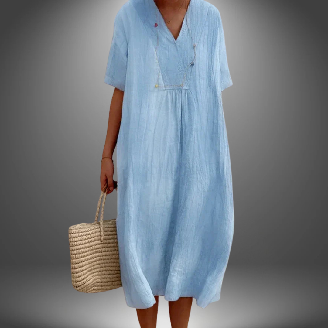 CAROLA | Kleid aus Baumwolle und Leinen mit V-Ausschnitt