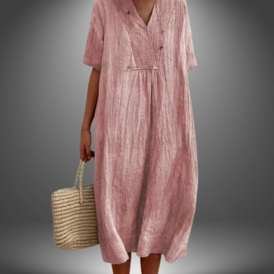 CAROLA | Kleid aus Baumwolle und Leinen mit V-Ausschnitt