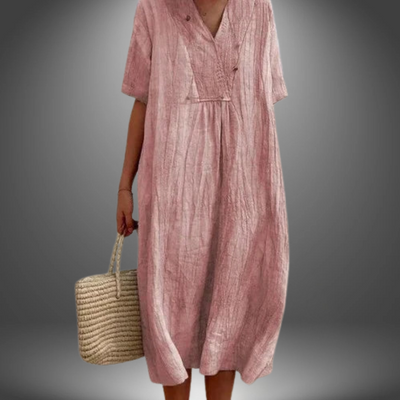 CAROLA | Kleid aus Baumwolle und Leinen mit V-Ausschnitt