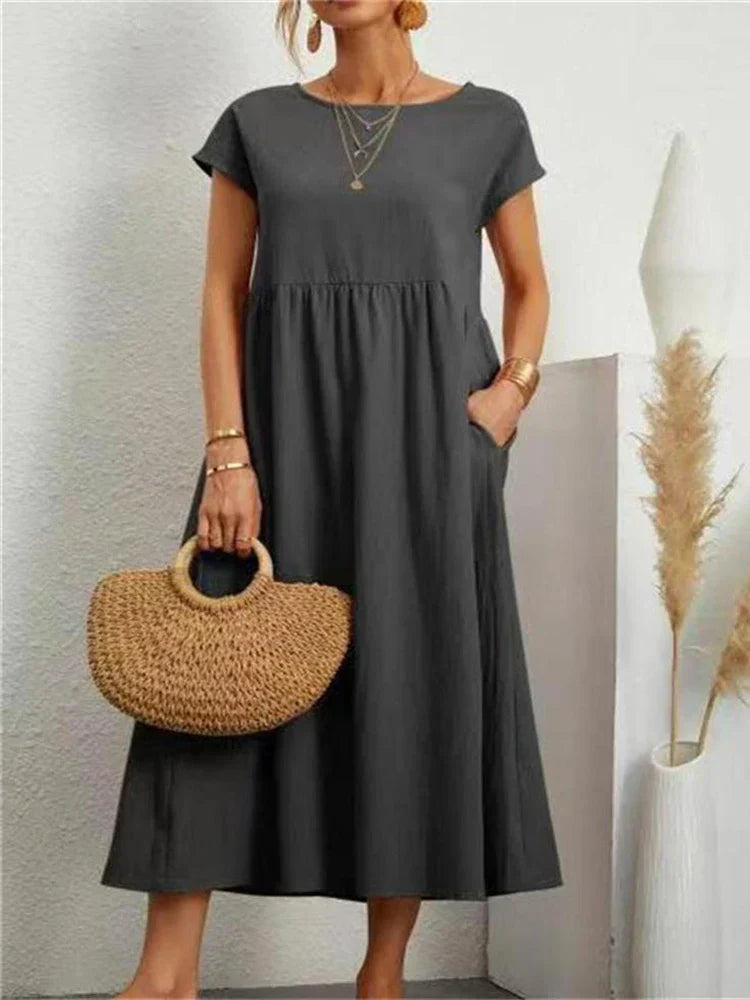 Janet™ - Elegantes Maxikleid aus Baumwolle und Leinen mit Taschen im Vintage-Harajuku-Stil