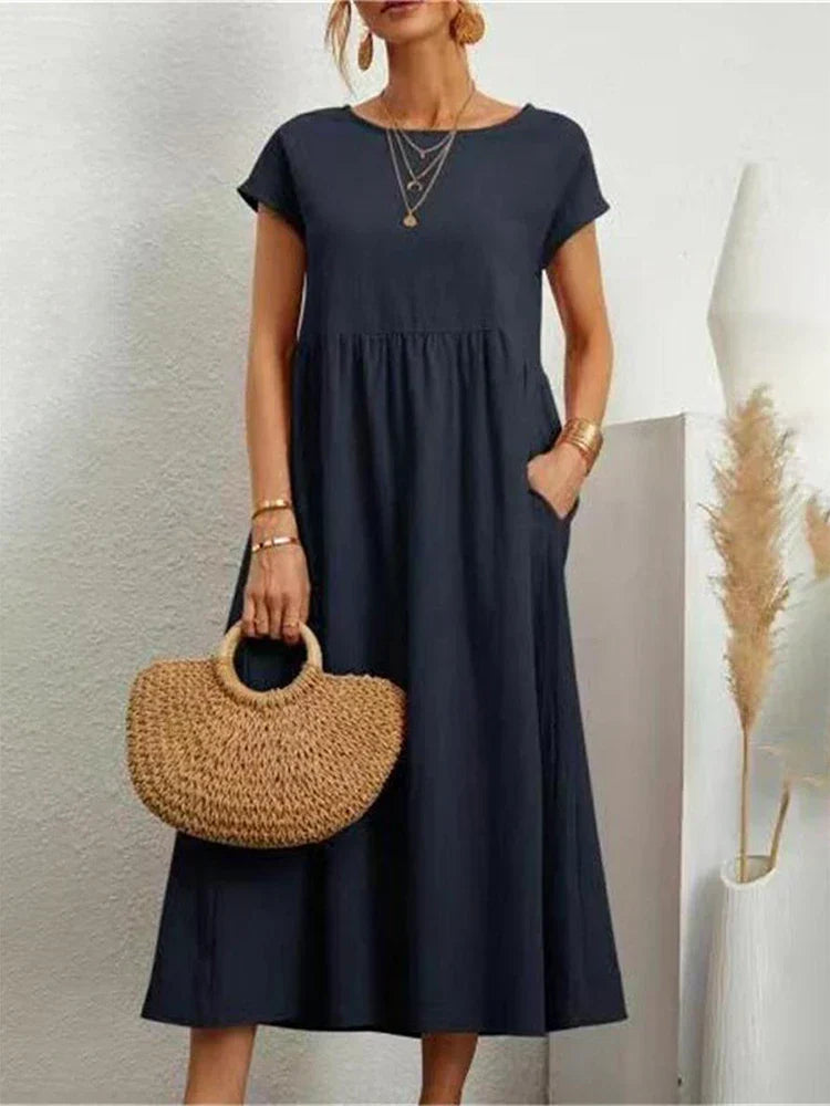 Janet™ - Elegantes Maxikleid aus Baumwolle und Leinen mit Taschen im Vintage-Harajuku-Stil